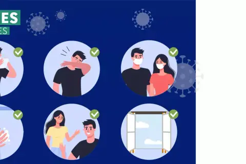 Gestes barrières pour comment éviter la grippe : se couvrir en toussant, porter un masque, se laver les mains, aérer.